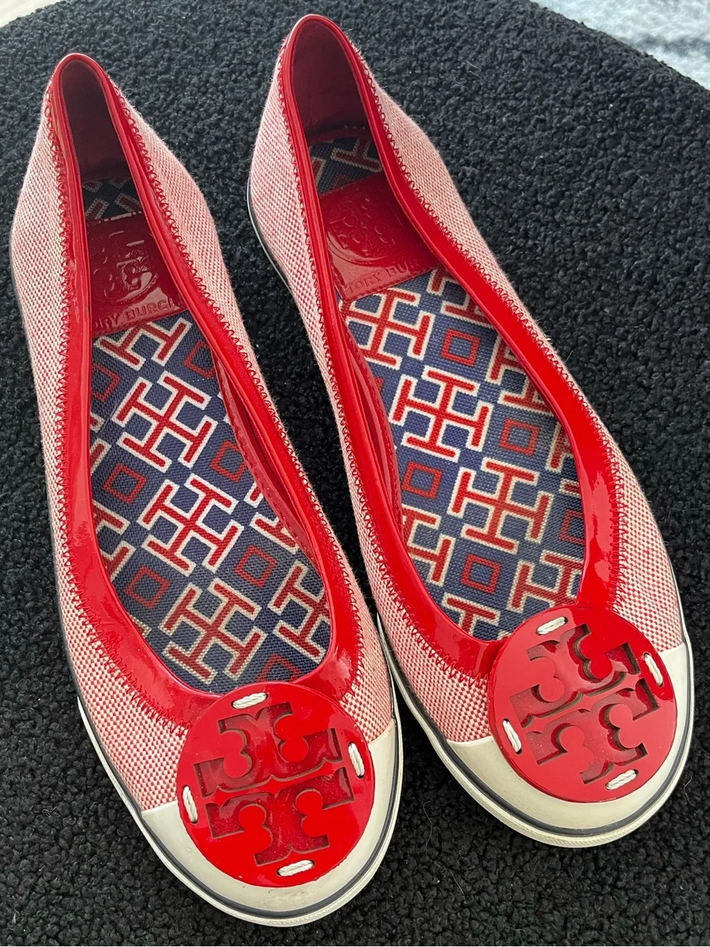 Tory Burch Red Patent-Trim Pink Canvas Logo Ballet Flats